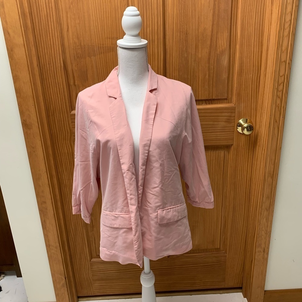 CHICO’s pink open blazer size 0=SM/4 3/4 sleeve faux front pockets